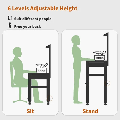 Vista 6 de MCombo Banco de trabajo ajustable con mesa de madera maciza para garaje, mesa de trabajo de acero con 2 tableros de clavijas Bench48 (naranja)