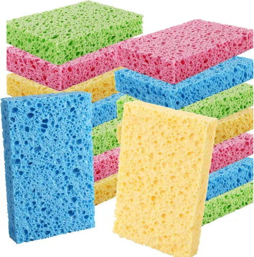 Vista 8 de Esponjas de cocina de celulosa comprimida, paquete de 12 unidades, biodegradables y coloridas, no rayan, para limpiar platos, divertida esponja