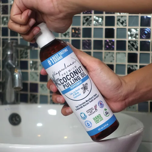 Vista 4 de Kapuluan Aceite de coco para dientes y encías, enjuague bucal 100% puro y natural, sin OMG, ayurvédico - Aceite de menta