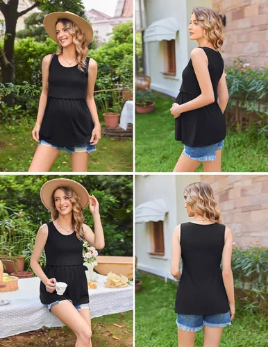 Vista 3 de Ekouaer Camiseta sin mangas de maternidad para mujer, cuello redondo, paquete de 3 unidades, ropa de embarazo de doble capa