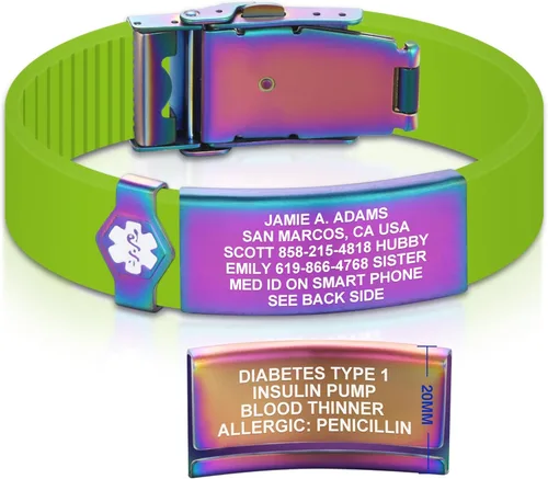 Vista 235 de Divoti Pulsera de identificación de alerta médica grabada personalizada, grabado láser de doble cara, pulsera de silicona, cierre de seguridad