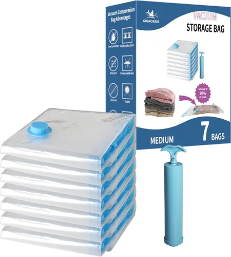 Vista 10 de Paquete de 7 bolsas de almacenamiento al vacío pequeñas que ahorran espacio para ropa, viajes, bolsas de compresión con sellado al vacío para ropa