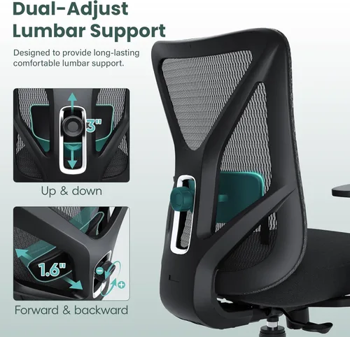 Vista 4 de Silla de oficina ergonómica, sillas de escritorio de malla para computadora con soporte lumbar ajustable, reposabrazos 3D, función de inclinación