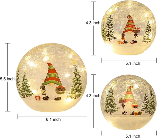 Vista 3 de PHITRIC Decoraciones de Navidad para interior, 3 piezas de espumosos gnomos navideños con bolas de vidrio brillantes, luces LED y temporizador