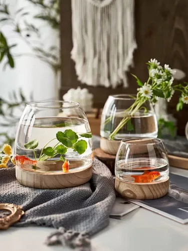 Vista 3 de Jarrón de cristal con base de madera desmontable, pequeña planta hidropónica de escritorio, terrario ecológico para acuario, florero para peces