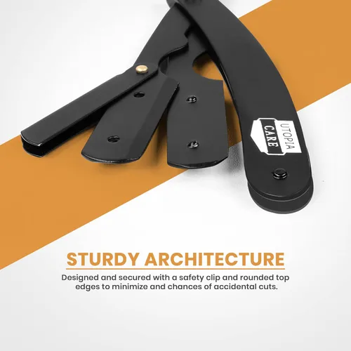 Vista 4 de Utopia Care - Rasuradora de seguridad profesional, para peluquero, de borde recto, con 100 cuchillas Derby, 100% acero inoxidable, (negro)