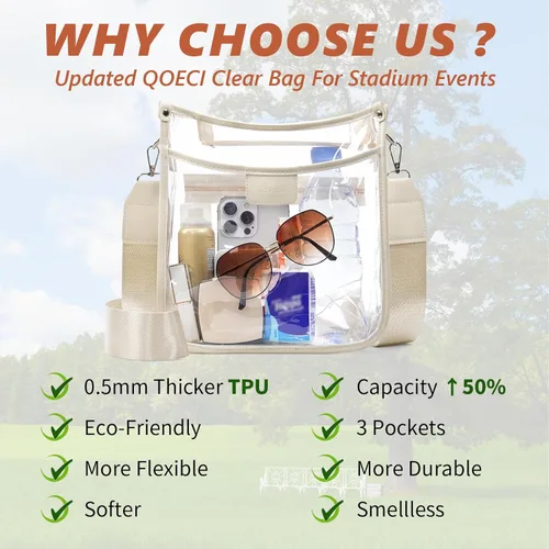 Vista 6 de Bolsa transparente grande de 3 bolsillos para eventos de estadio con 2 correas largas para mujer, bolsa cruzada para conciertos, aprobado