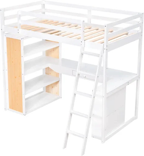 Vista 5 de Cama tipo loft de tamaño individual, marco de cama de madera con escalera/estantes/escritorio/cajón, cama alta multifuncional con barandillas