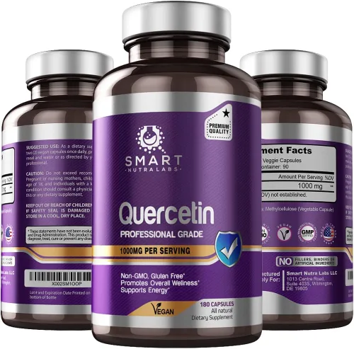 Smart Nutra Labs Quercetina 1000 mg- 180 cápsulas veganas, suplemento de quercetina 100% puro, sin OMG, sin gluten, probado por terceros