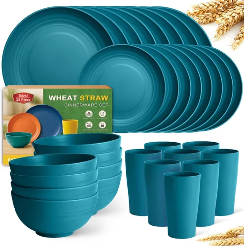 Vista 30 de Teivio Juego de vajilla de plástico de paja de trigo de 32 piezas para cocina, servicio para 8, platos, cuencos y tazas irrompibles, vajilla
