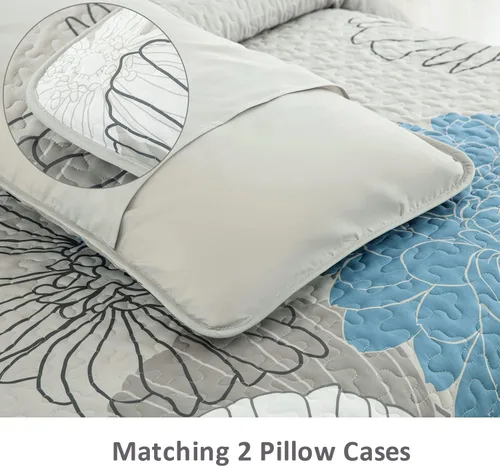 Vista 4 de Anibedding Juego de edredón tamaño Queen con estampado floral azul, colcha de 3 piezas, elegante colcha bohemia con 2 fundas de almohada, juego