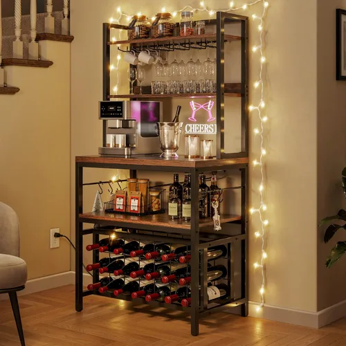 Vista 13 de YITAHOME Soporte de cocina para microondas con estante para vino, estante para vino, estantes de almacenamiento pequeños para botellas de licor