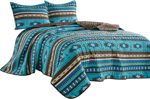 Vista 2 de 3-Piece Printed Oversize Queen Size Quilt Set, All-Season Bedspread, Native American Tribal Navajo Pattern Coverlet with Pillow Shams Bed Cover