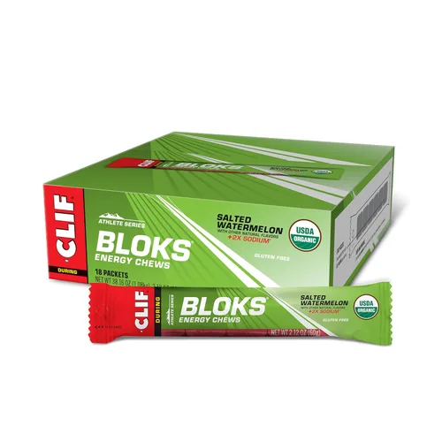 CLIF BLOKS - Sabor sandía salada con 2X sodio - Masticables energéticos - Sin OGM - A base de plantas - Combustible rápido para ciclismo y correr -