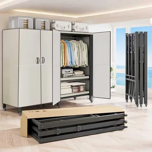 Vista 13 de Perchero de ropa resistente cubierto con puerta magnética de 1500LBS, armario portátil plegable para colgar ropa, perchero enrollable de metal negro