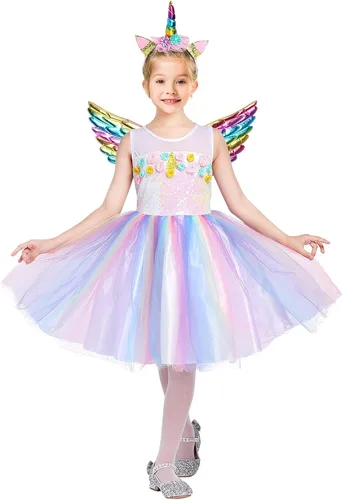 Vista 2 de Disfraz de princesa de Halloween para niñas pequeñas, disfraz con diadema y alas de arco iris para fiesta de cumpleaños