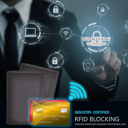 Vista 6 de Carteras RFID delgadas para hombre billetera triple con bolsillo frontal de cuero genuino Cartera RFID