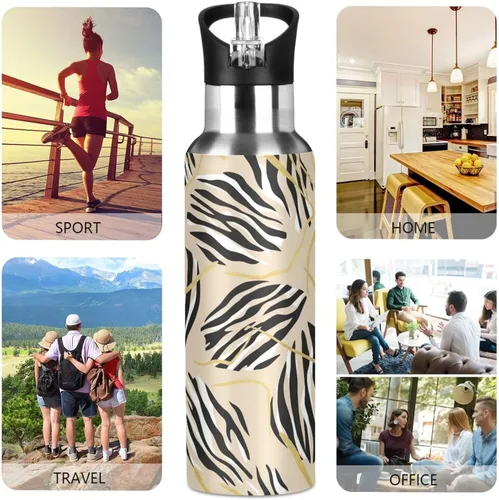 Vista 5 de Zebra Stripes Beige Stainless Steel Water Bottle 20 Oz, BPA-Free Sport Water Bottle Leakproof Water Bottles