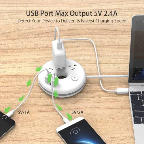 Vista 7 de NTONPOWER Paquete de regletas de viaje con 3 tomacorrientes, 3 USB, estación de carga portátil de escritorio con cable corto de 15 pulgadas