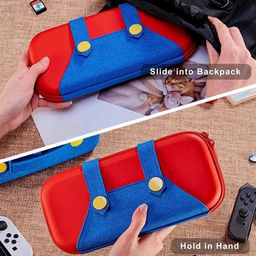 Vista 9 de FUNLAB Funda para Switch compatible con Nintendo SwitchOLED, bonita funda portátil para Switch con 10 soportes de juego para fanáticos de Mario
