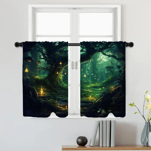 Vista 32 de Batmerry American Flag Ink Dot Tier Curtains, Red Blue White Stars Abstract Window Treatment Short Kitchen Curtain Multilayer Polyester Blackout for