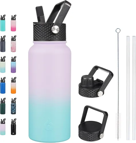 Vista 83 de BJPKPK - Botellas de agua aisladas con tapa de popote, botella de agua de acero inoxidable de 27 onzas con 3 tapas, termo de metal libre de BPA a