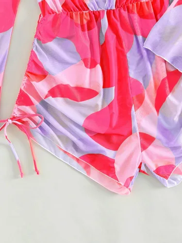 Vista 4 de SHENHE Traje de baño de 3 piezas para mujer con estampado de hojas, halter y cordón lateral, conjunto de bikini con salida de baño