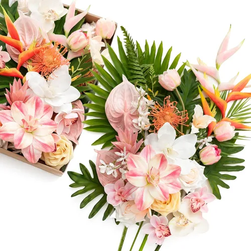 Ling's moment Caja de flores falsas, tallos de vegetación artificiales artificiales, rosas de espuma, anturios, orquídea de seda, hoja de palmera,