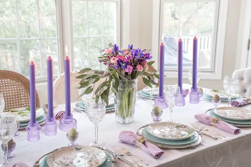 Vista 4 de Vixdonos Portavelas de Cristal Cónicos Portavelas de Velas de Té para Centros de Mesa, Decoración de Bodas y Fiestas de Cena (6 Piezas, Morado)
