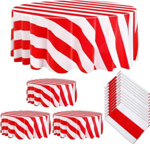 Vista 7 de Tatuo 6 Pcs Black and Orange Round Circus Table Cloth 84 Inch Carnival Circus Tablecloths Striped Disposable Plastic Table Cover for Birthday Party