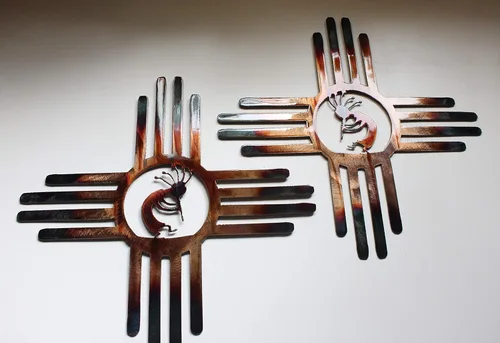 Vista 3 de Southwestern Zia with Kokopelli Pair Left & Right Metal Wall Art Decor 14" 18" or 20