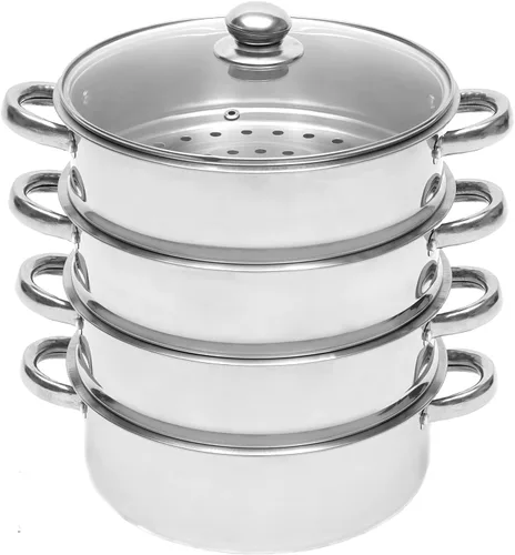 Olla de vapor, olla de acero inoxidable de 5 niveles con tapa de vidrio y asas, olla de cocina para estufas de gas, cocinas de inducción, hornos