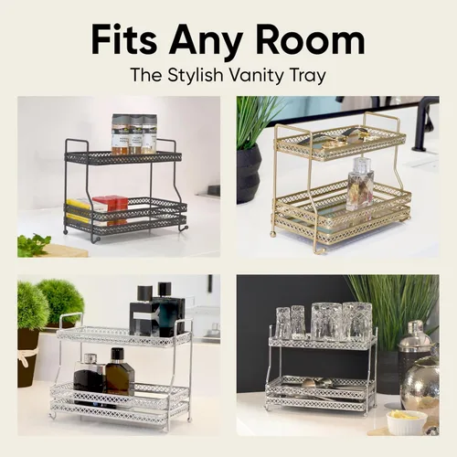 Vista 4 de AQ Organizador de baño de 2 niveles para encimera, bandeja de espejo de tocador negro mate para cuidado de la piel y organizador de maquillaje