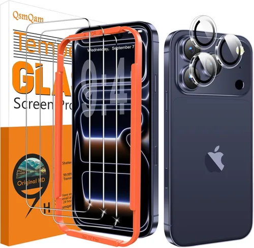 Vista 10 de QsmQam Protector de pantalla para iPhone 16 Pro + protector de lente de cámara, [grado militar inastillable], vidrio templado Ultra Top 9H+