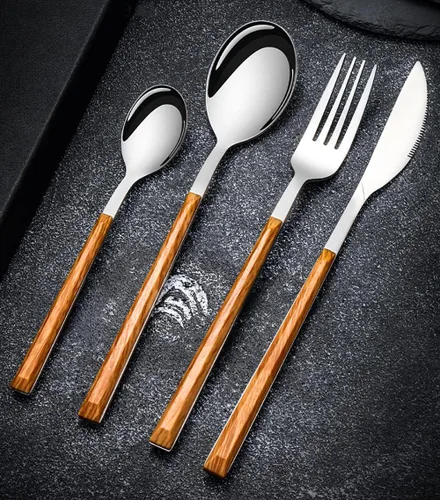 Wood Silverware Set for 6 Modern Cutlery Utensils 18/10 Stainless Steel Flatware Set Wood Grain Handle 24 Piece Include Knives Forks and Spoons
