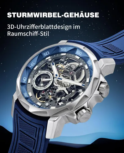 Vista 3 de FEICE FM511 Men's Automatic Skeleton Watch, Luxury Sapphire Crystal Glass Blue Dial Luminous Hands, 5ATM Waterproof Sport Wristwatch with Silicone