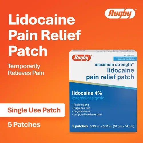 Vista 3 de Rugby - Parche para aliviar el dolor de lidocaína de máxima resistencia, 4 % - Parches anestésicos tópicos, flexibles, sin olor, de un solo uso, 5