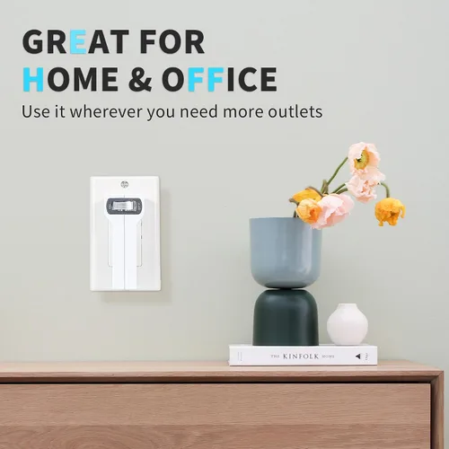 Vista 7 de SYCON Adaptador de pared de 4 tomas con interruptor de alimentación y luz nocturna, adaptador extensor de 2 clavijas con 4 tomas de corriente