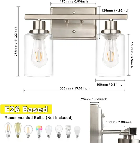 Vista 6 de Ascher Apliques de pared de 2 luces, moderna lámpara de tocador con pantalla de vidrio transparente, lámpara de pared de níquel cepillado