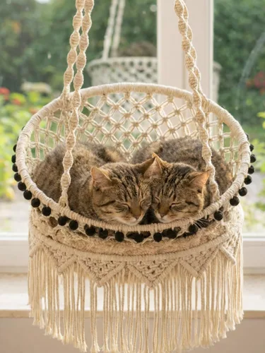 KARCEEY Hamaca de macramé para gatos, cama colgante para pared y ventana, columpio bohemio con kit completo de herramientas y juguete de pezón,