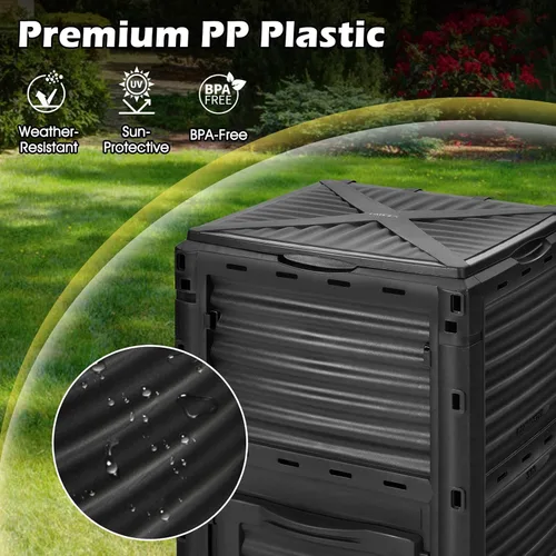 Vista 7 de Happygrill Contenedor de compostaje para exteriores, caja de compostaje con tapa superior con pestillo, compostador de 80 galones para desechos