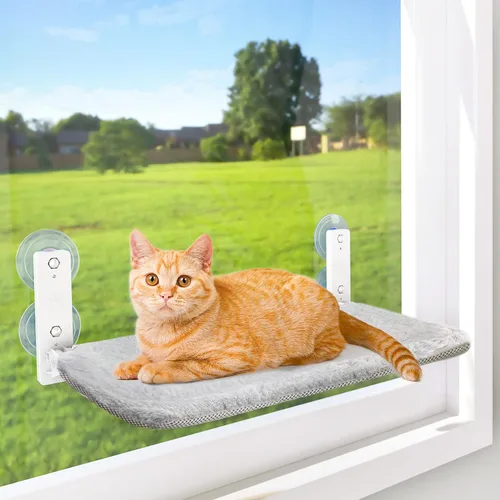 Vista 9 de Percha de ventana inalámbrica para gatos AMOSIJOY, hamaca para gatos para pared con 4 ventosas, estructura de metal sólido y cubierta reversible