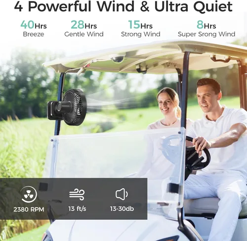 Vista 3 de Ventilador con clip de 10000 mAh, funcionamiento de 42 horas, ventilador de mesa silencioso y oscilante automático, recargable con 4 potentes