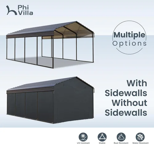 Vista 9 de PHI VILLA Cochera metálica de 12 x 20 pies con techo de acero galvanizado, cochera de metal resistente resistente para automóviles, barcos