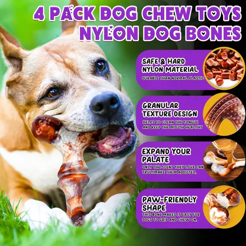 Vista 3 de Paquete de 4 juguetes masticables para perros para masticadores agresivos, juguetes resistentes e indestructibles para perros con sabor a tocino