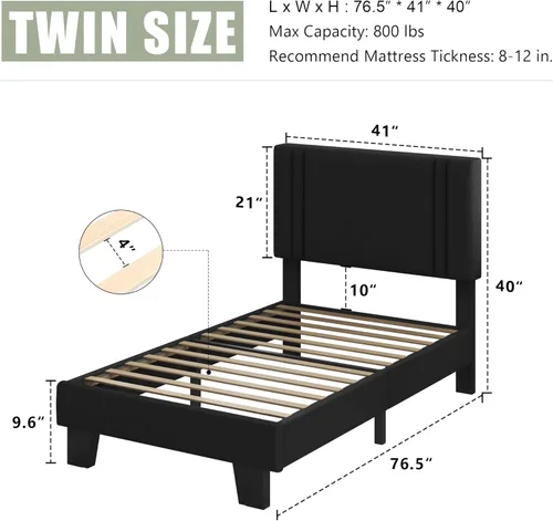 Vista 2 de Feonase - Base de cama tamaño individual, plataforma tapizada con respaldo abatido, listones de madera maciza y soporte de pies resistente, no Negro
