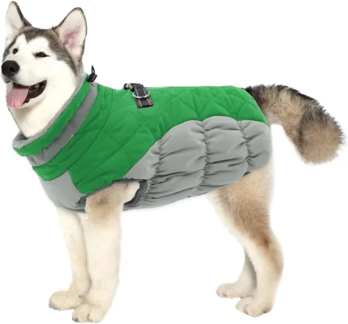 Vista 37 de Lelepet Abrigo para perro con arnés impermeable para perro, cuello alto reflectante y ajustable, chaleco de forro polar cálido para invierno, Verde