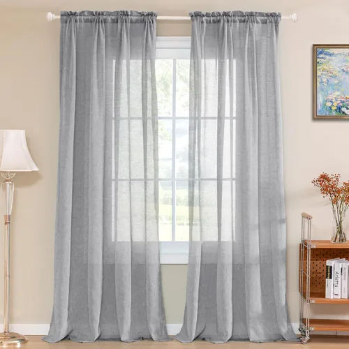 Vista 34 de Turquoize - Cortinas semitransparentes para sala de estar, cortinas de lino texturizado para dormitorio, con bolsillo para barra, tratamiento