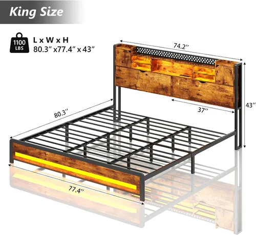 Vista 19 de Base de cama tamaño Queen y cabecera de almacenamiento, marco de cama LED con estación de carga USB, marco de cama de plataforma de metal Queen