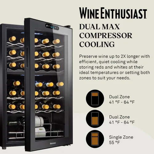 Vista 6 de Wine Enthusiast Enfriador de vino con compresor MAX de doble zona de 32 botellas, mini refrigerador independiente con pantalla táctil digital